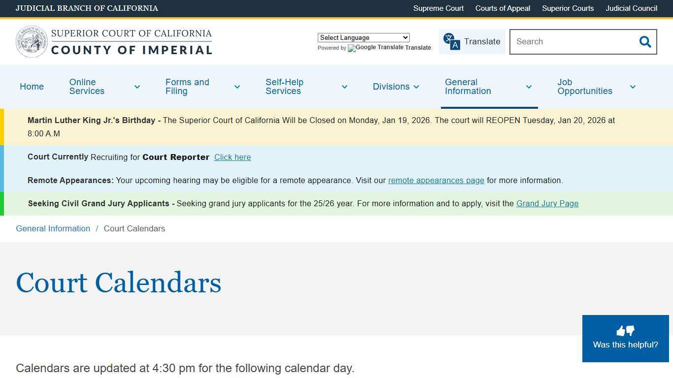 Court Calendars | Superior Court of California | County of Imperial
